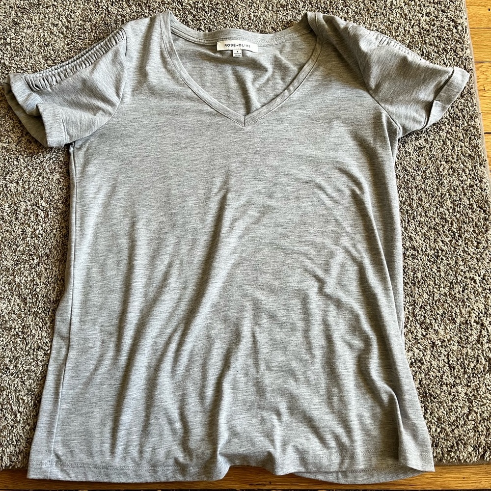 Rose + olive beaded shoulder women’s t-shirt